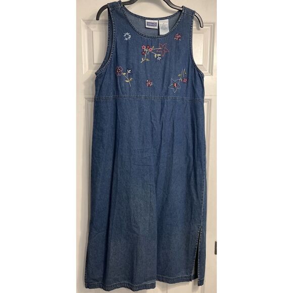 Erika Dress Womens PL Blue Embroidered Denim Midi Cottagecore Vtg 90s Tradwife‎ - Picture 1 of 10